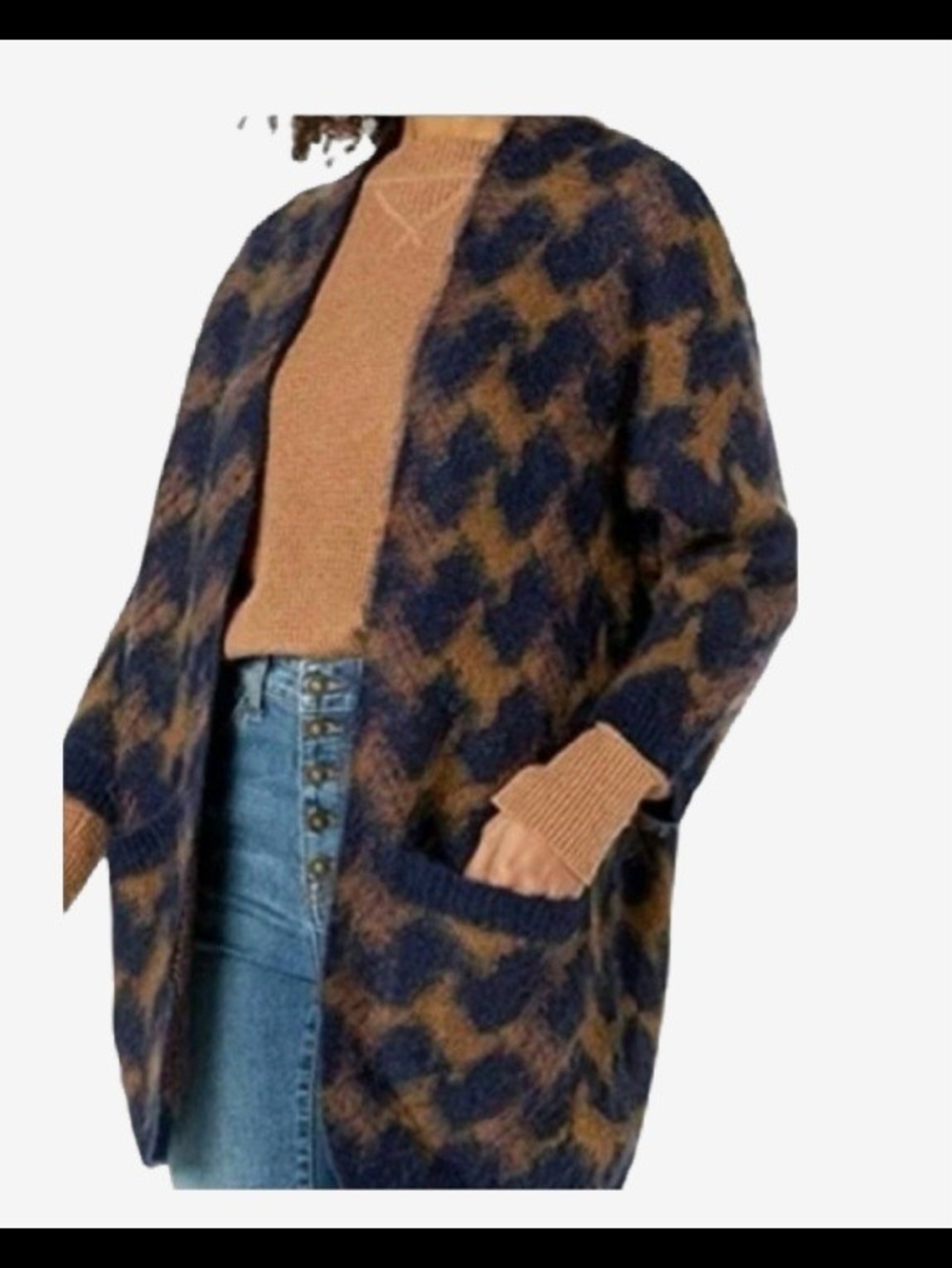 Lucky Brand Women's Houndstooth Open Cardigan - Brown & Navy